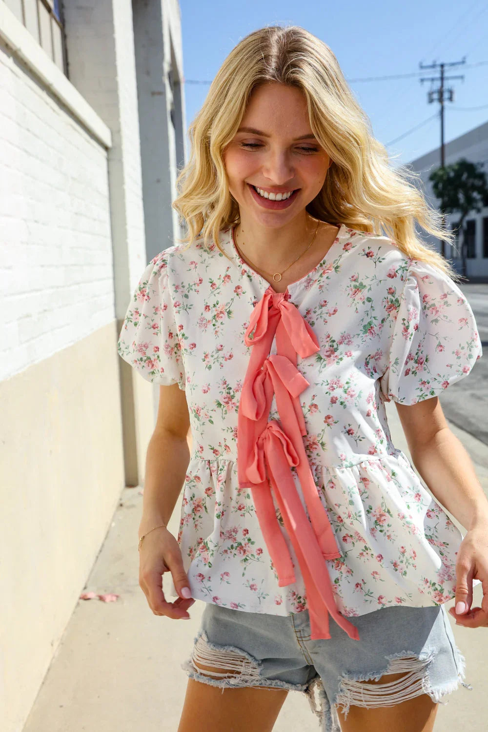 Feeling Femme Ivory Ribbon Bow Tie Folded Puff Sleeve Top | Daverri Fashions