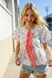 Feeling Femme Ivory Ribbon Bow Tie Folded Puff Sleeve Top | Daverri Fashions