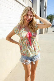 Be Charming Sage Floral Print Elastic Neck Ribbon Bow Tie Top | Daverri Fashions