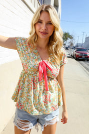 Be Charming Sage Floral Print Elastic Neck Ribbon Bow Tie Top | Daverri Fashions