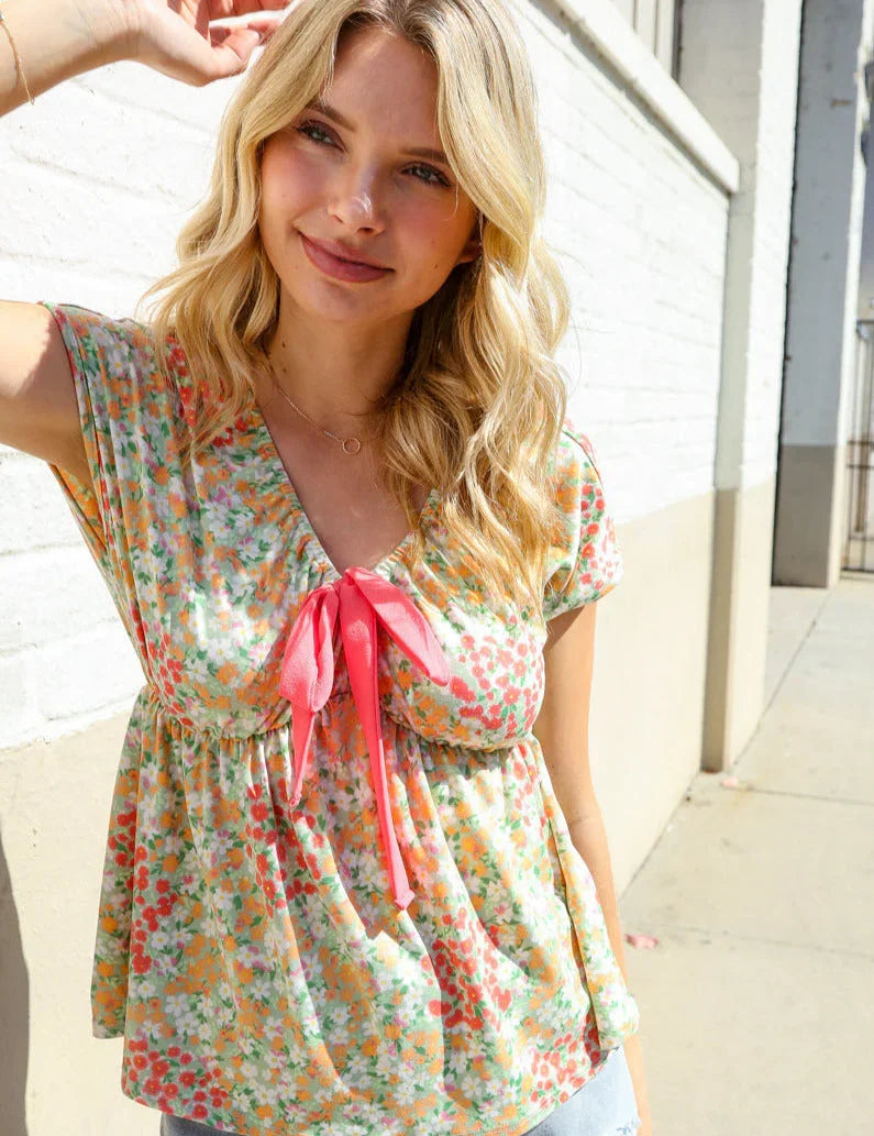 Be Charming Sage Floral Print Elastic Neck Ribbon Bow Tie Top | Daverri Fashions