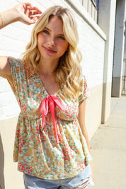 Be Charming Sage Floral Print Elastic Neck Ribbon Bow Tie Top | Daverri Fashions