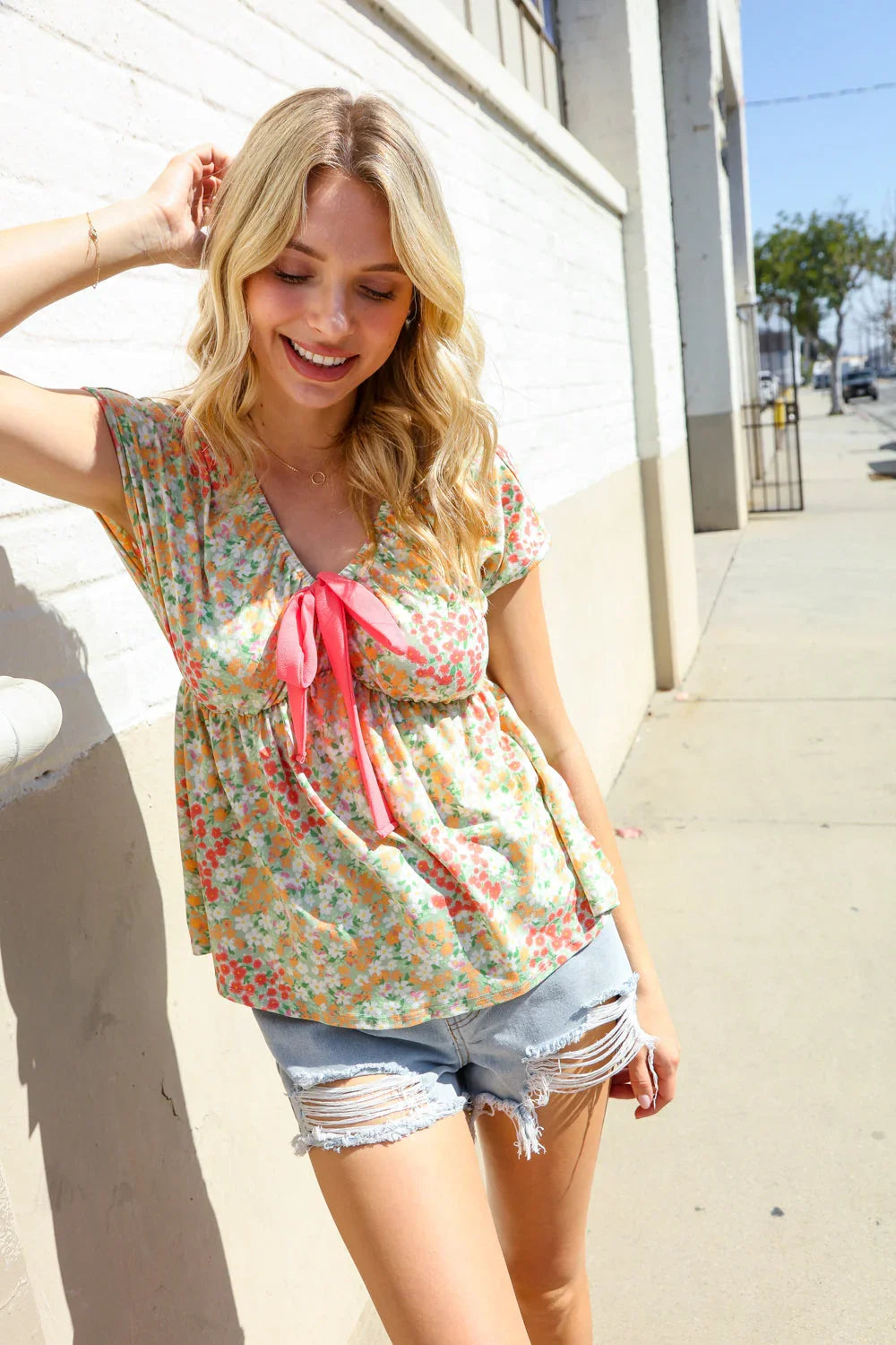 Be Charming Sage Floral Print Elastic Neck Ribbon Bow Tie Top | Daverri Fashions