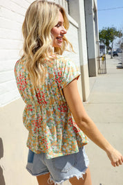 Be Charming Sage Floral Print Elastic Neck Ribbon Bow Tie Top | Daverri Fashions