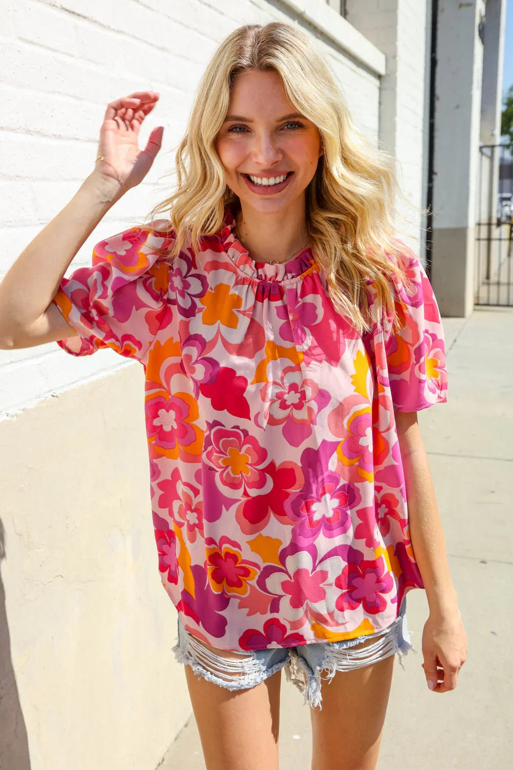 Perfectly You Fuchsia Big Floral Frill Neck Back Button Blouse | Daverri Fashions