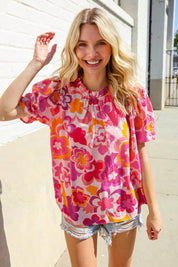 Perfectly You Fuchsia Big Floral Frill Neck Back Button Blouse | Daverri Fashions