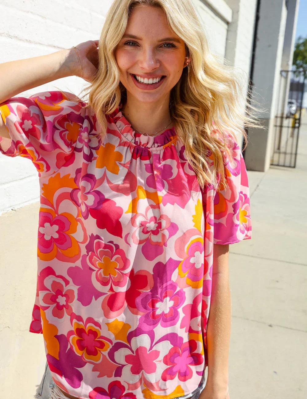 Perfectly You Fuchsia Big Floral Frill Neck Back Button Blouse | Daverri Fashions