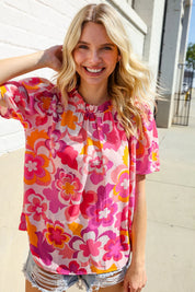 Perfectly You Fuchsia Big Floral Frill Neck Back Button Blouse | Daverri Fashions