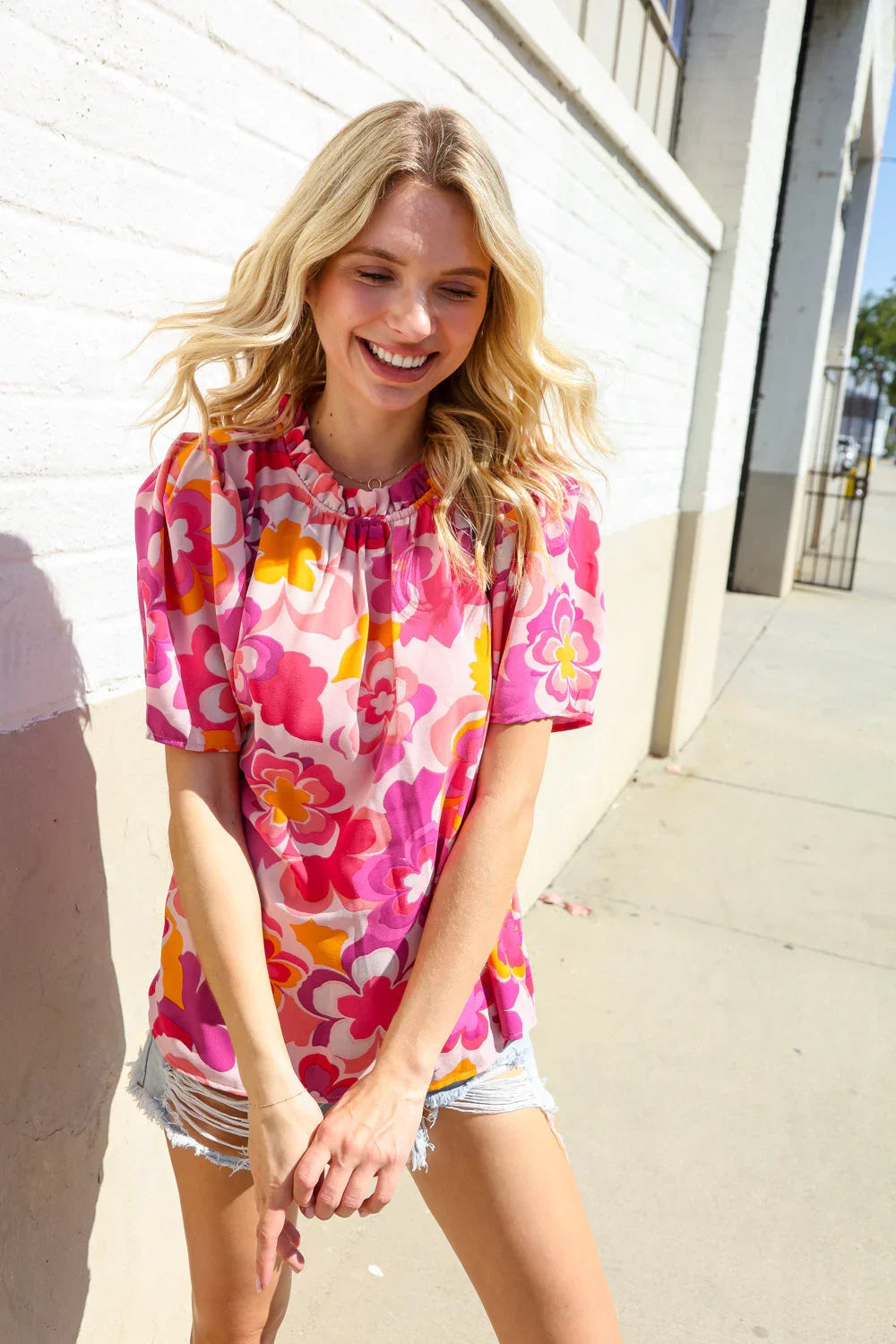 Perfectly You Fuchsia Big Floral Frill Neck Back Button Blouse | Daverri Fashions