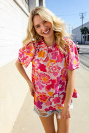 Perfectly You Fuchsia Big Floral Frill Neck Back Button Blouse | Daverri Fashions