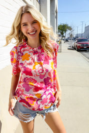 Perfectly You Fuchsia Big Floral Frill Neck Back Button Blouse | Daverri Fashions