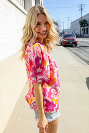 Perfectly You Fuchsia Big Floral Frill Neck Back Button Blouse | Daverri Fashions