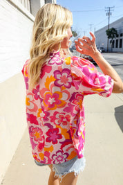 Perfectly You Fuchsia Big Floral Frill Neck Back Button Blouse | Daverri Fashions