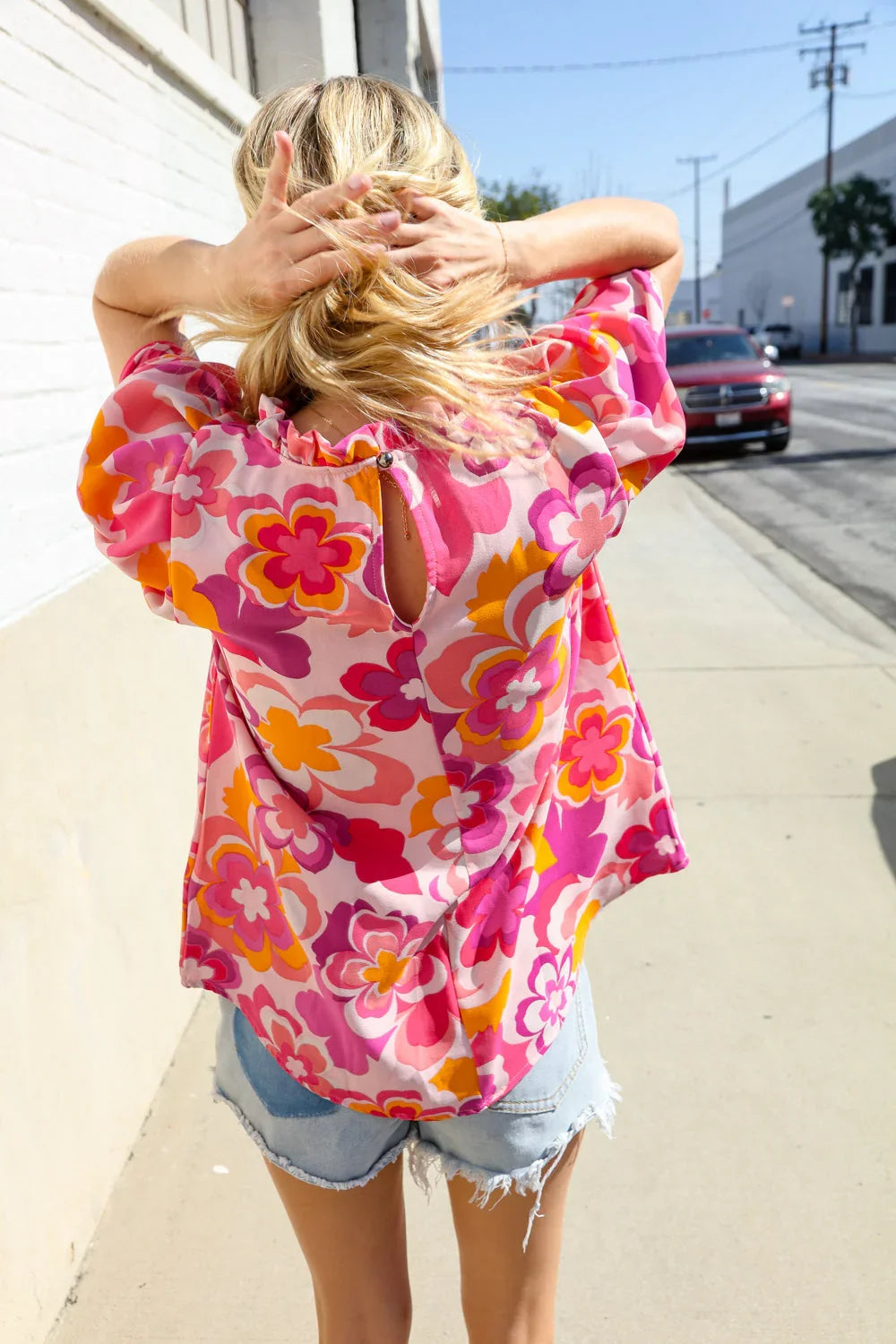 Perfectly You Fuchsia Big Floral Frill Neck Back Button Blouse | Daverri Fashions