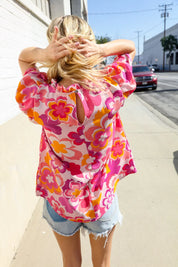 Perfectly You Fuchsia Big Floral Frill Neck Back Button Blouse | Daverri Fashions