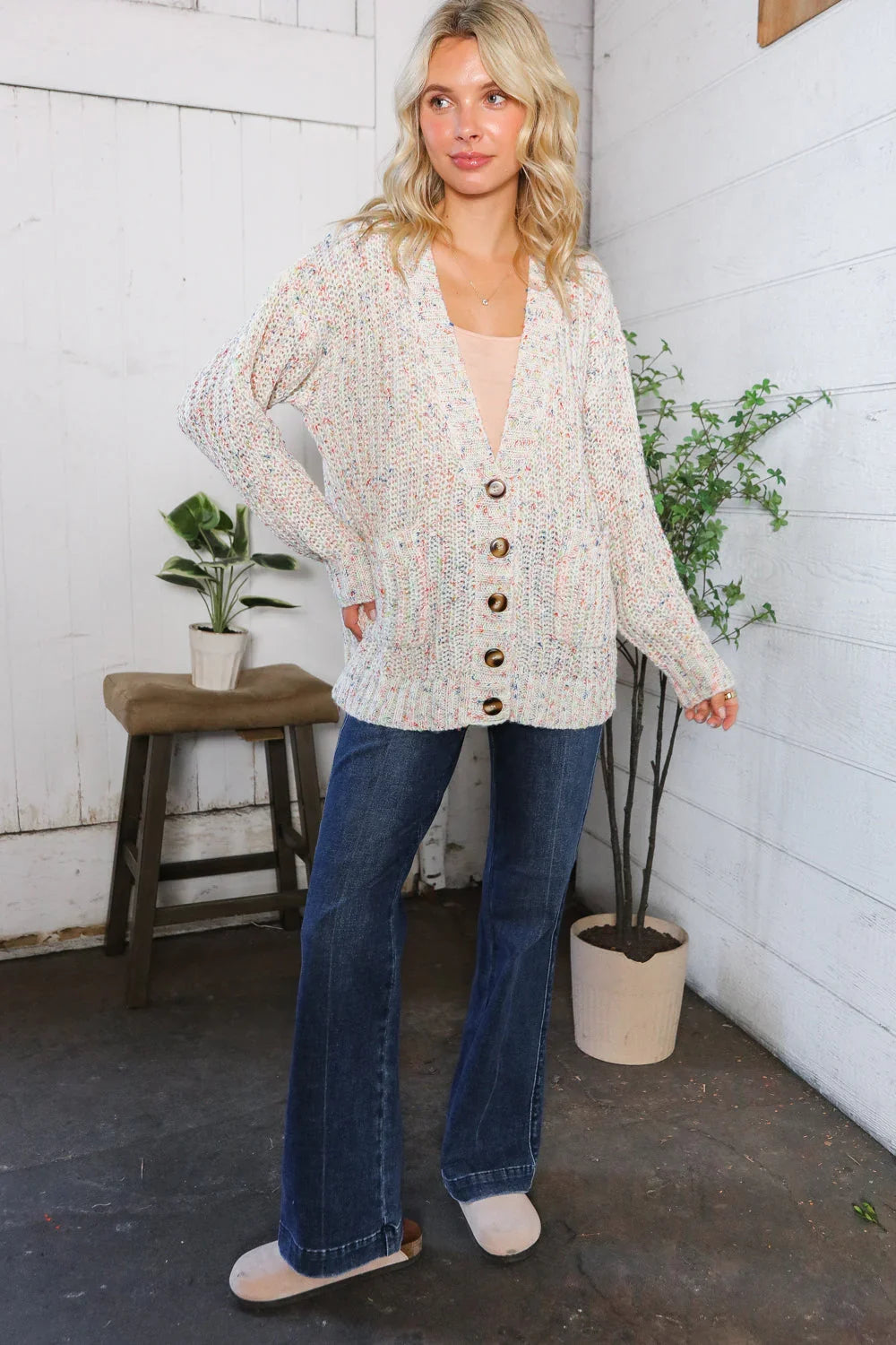 Cozy in Confetti Pocketed Button Cardigan | Daverri Fashions
