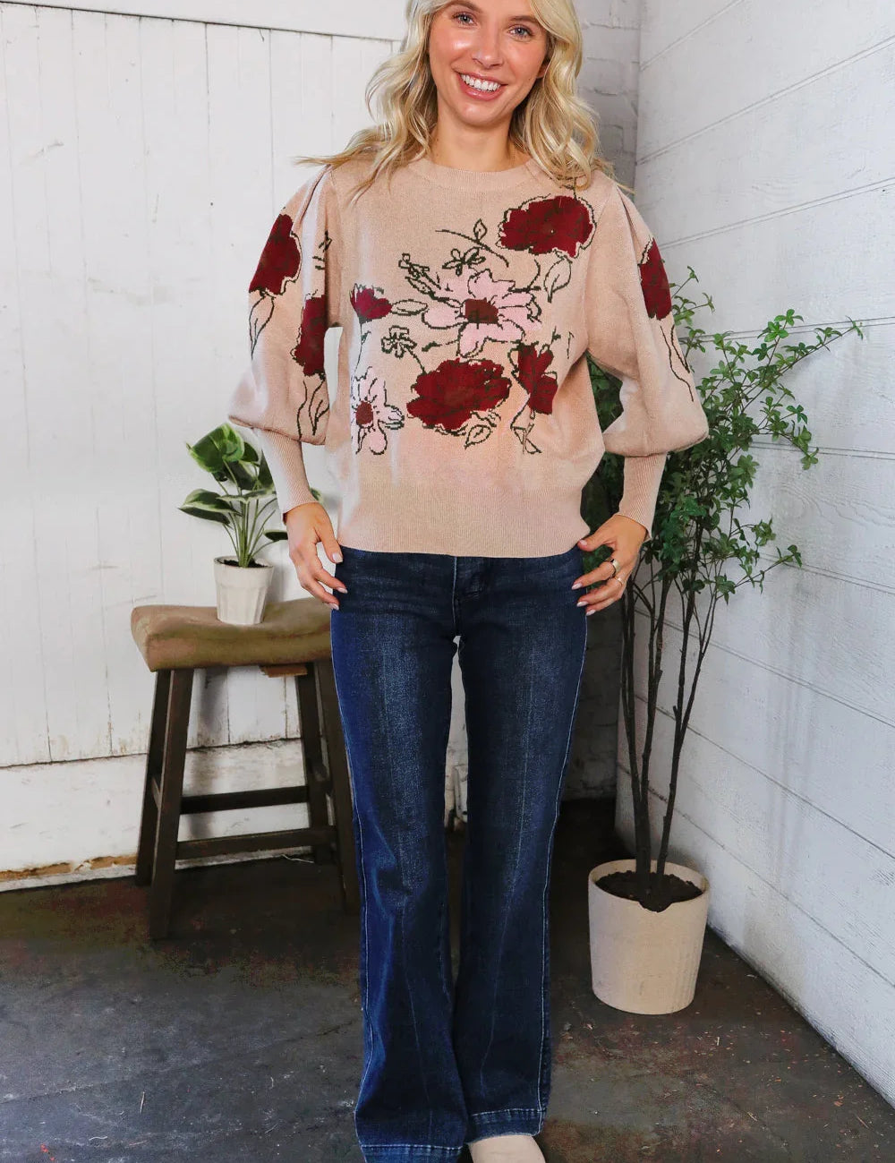 Scarlet Petals Bubble Sleeve Sweater | Daverri Fashions