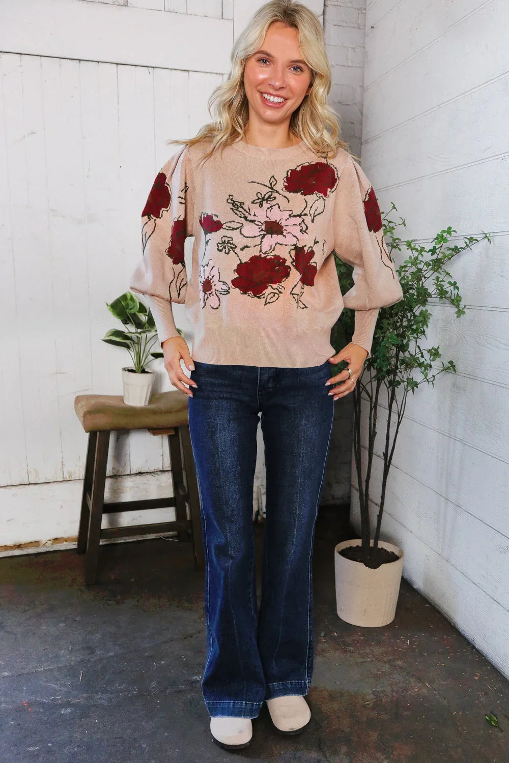 Scarlet Petals Bubble Sleeve Sweater | Daverri Fashions