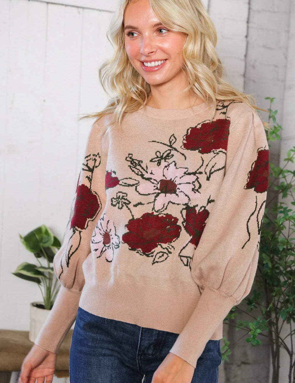 Scarlet Petals Bubble Sleeve Sweater | Daverri Fashions