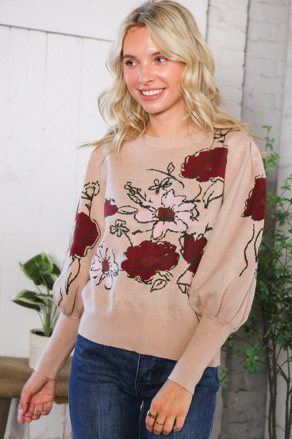 Scarlet Petals Bubble Sleeve Sweater | Daverri Fashions