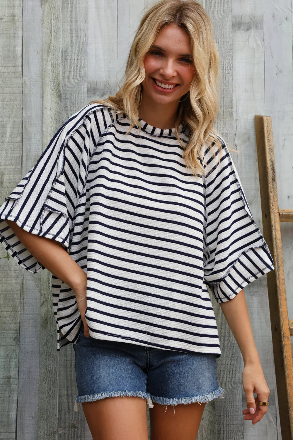 Casual Chic Cotton Navy & Cream Stripe Raglan 3/4 Sleeve Pullover | Daverri Fashions