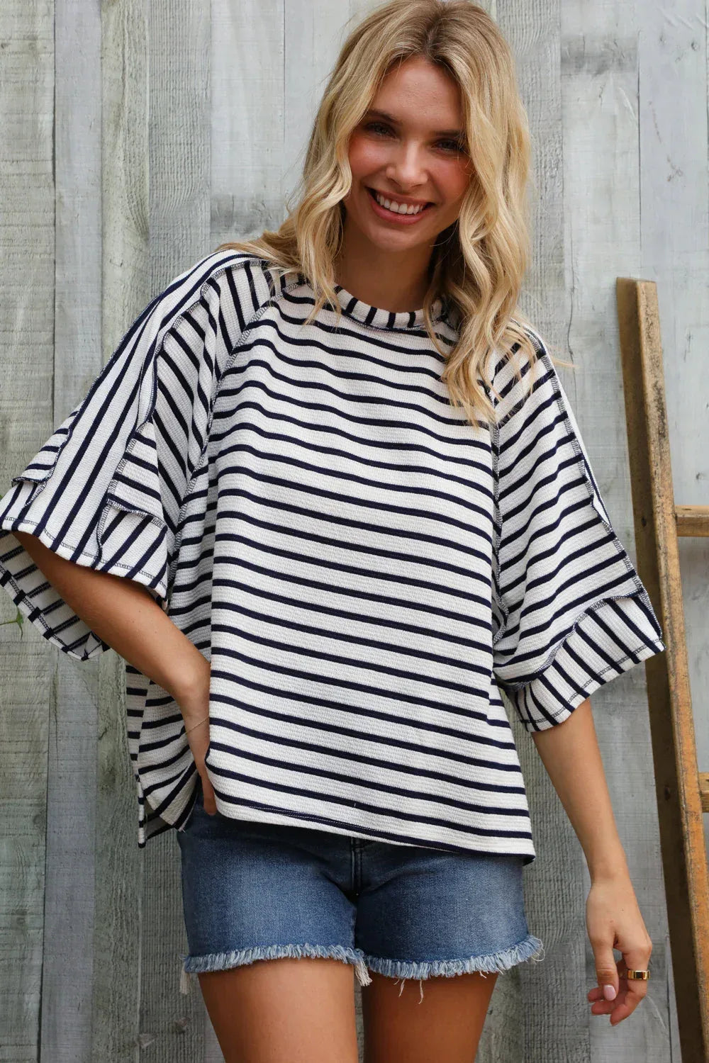 Casual Chic Cotton Navy & Cream Stripe Raglan 3/4 Sleeve Pullover - DAVERRI FASHIONS