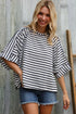 Casual Chic Cotton Navy & Cream Stripe Raglan 3/4 Sleeve Pullover - DAVERRI FASHIONS