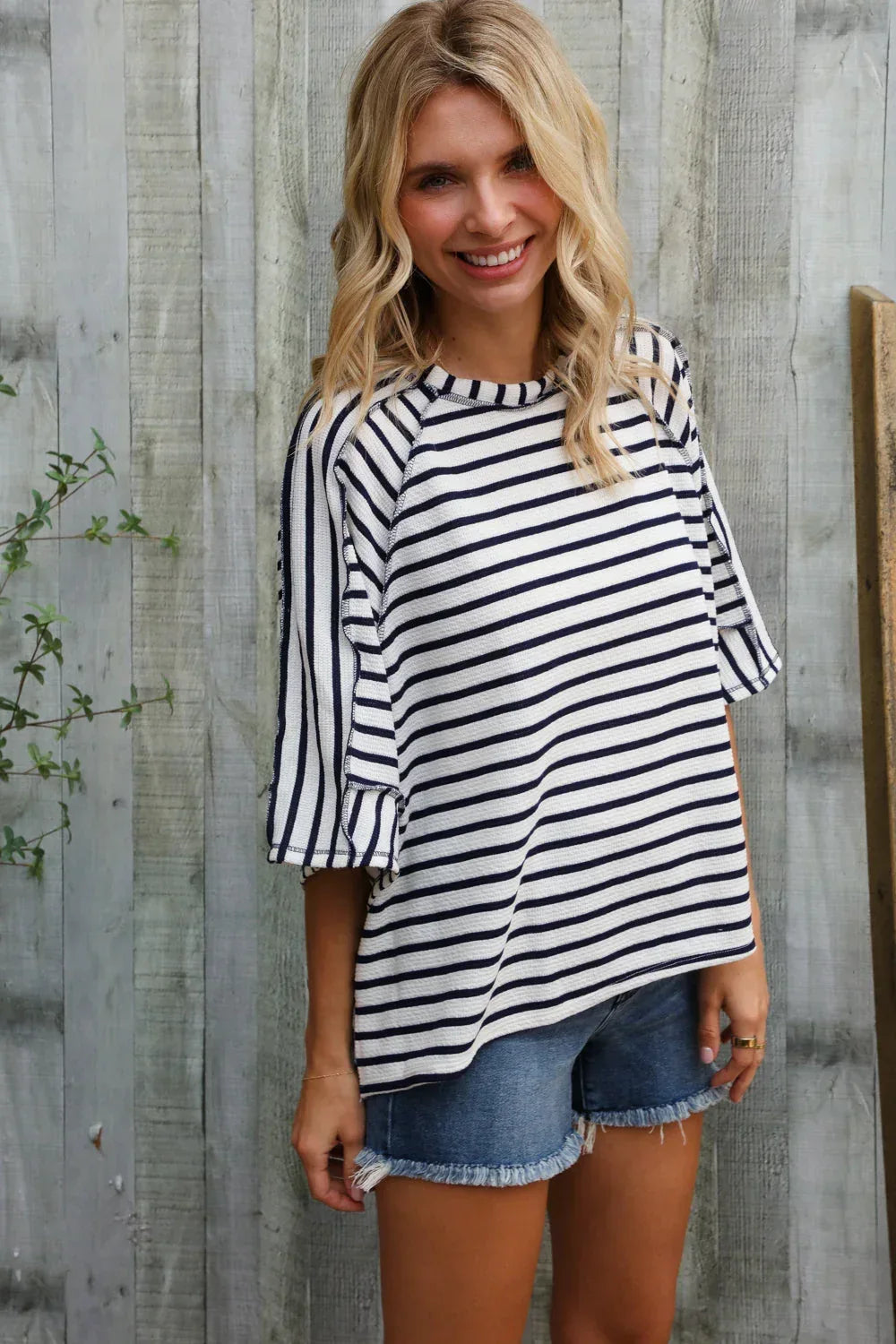 Casual Chic Cotton Navy & Cream Stripe Raglan 3/4 Sleeve Pullover - DAVERRI FASHIONS