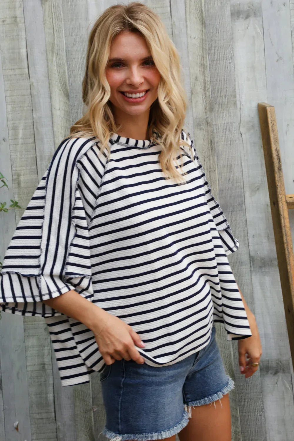 Casual Chic Cotton Navy & Cream Stripe Raglan 3/4 Sleeve Pullover - DAVERRI FASHIONS