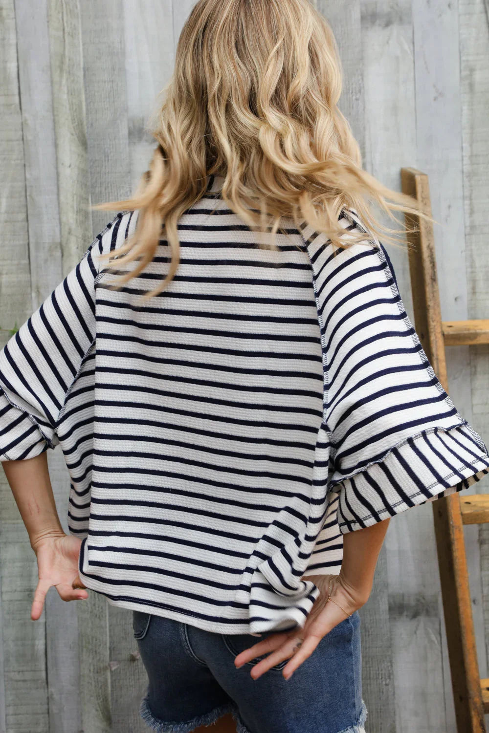 Casual Chic Cotton Navy & Cream Stripe Raglan 3/4 Sleeve Pullover | Daverri Fashions