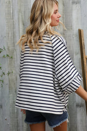 Casual Chic Cotton Navy & Cream Stripe Raglan 3/4 Sleeve Pullover | Daverri Fashions