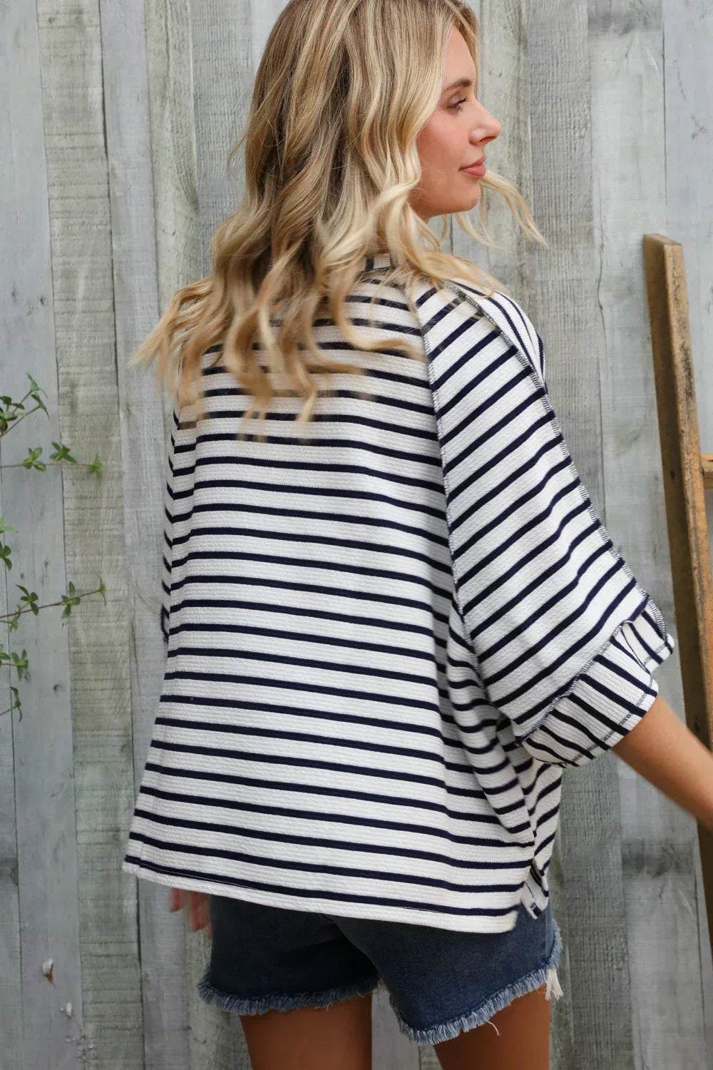 Casual Chic Cotton Navy & Cream Stripe Raglan 3/4 Sleeve Pullover - DAVERRI FASHIONS