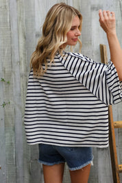 Casual Chic Cotton Navy & Cream Stripe Raglan 3/4 Sleeve Pullover | Daverri Fashions