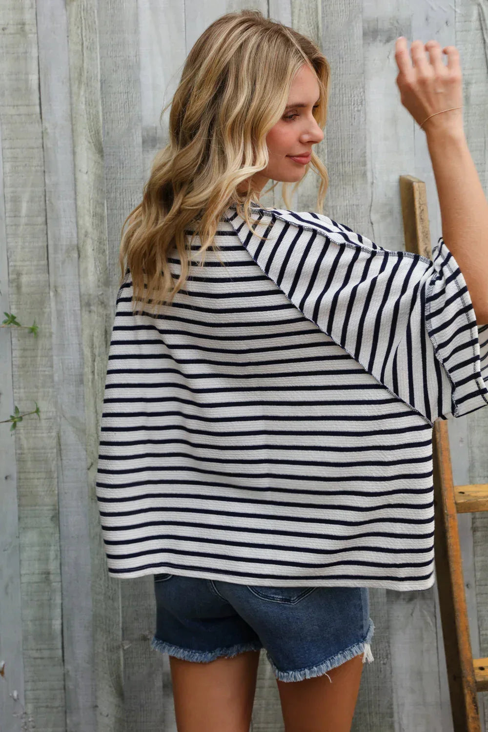 Casual Chic Cotton Navy & Cream Stripe Raglan 3/4 Sleeve Pullover - DAVERRI FASHIONS