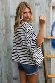 Casual Chic Cotton Navy & Cream Stripe Raglan 3/4 Sleeve Pullover | Daverri Fashions