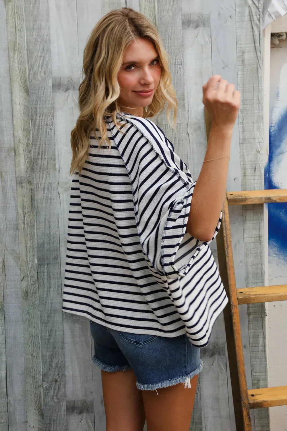 Casual Chic Cotton Navy & Cream Stripe Raglan 3/4 Sleeve Pullover - DAVERRI FASHIONS