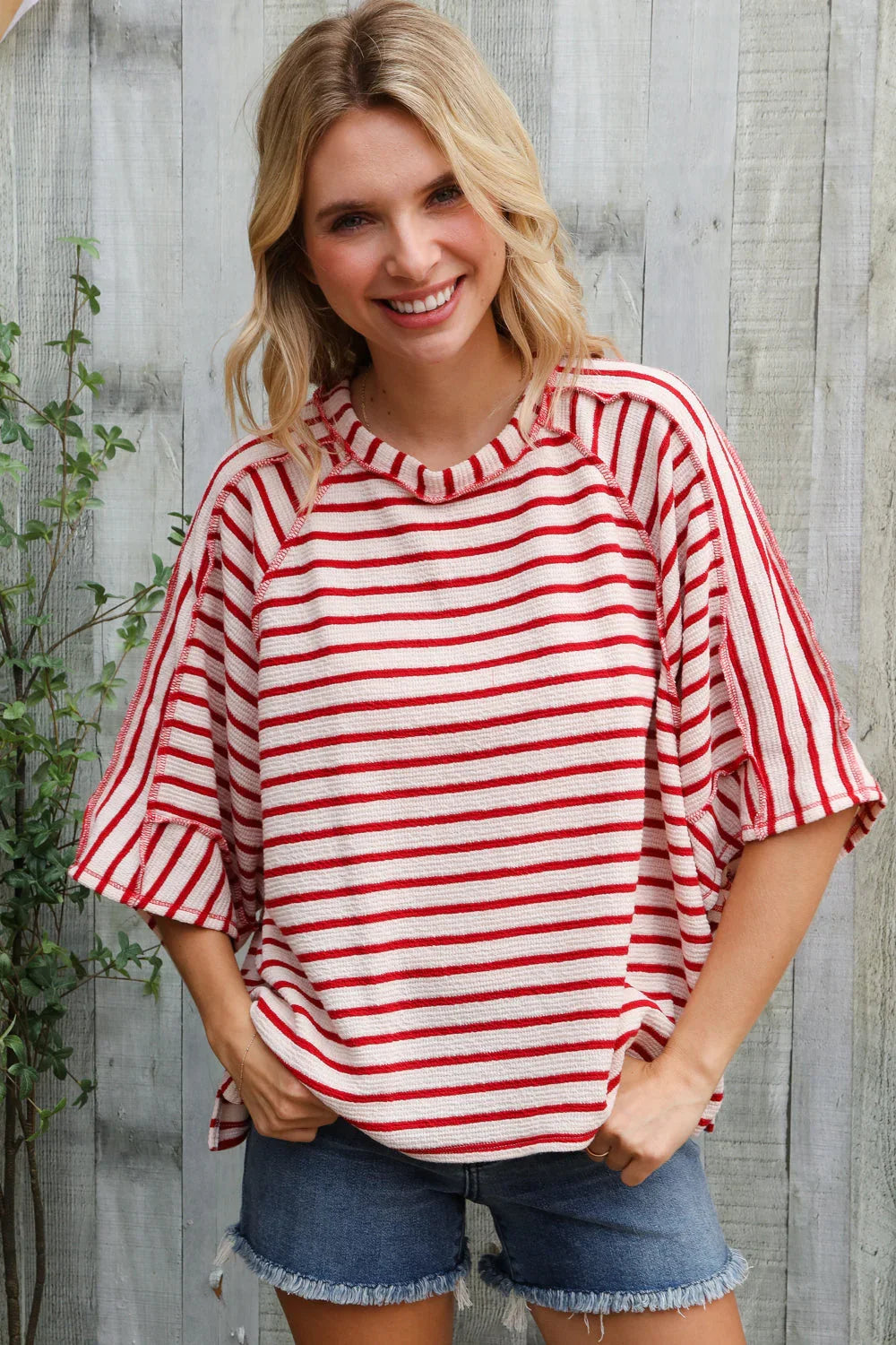 Casual Chic Cotton Red & Cream Stripe Raglan 3/4 Sleeve Pullover | Daverri Fashions