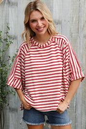 Casual Chic Cotton Red & Cream Stripe Raglan 3/4 Sleeve Pullover | Daverri Fashions