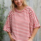 Casual Chic Cotton Red & Cream Stripe Raglan 3/4 Sleeve Pullover - DAVERRI FASHIONS