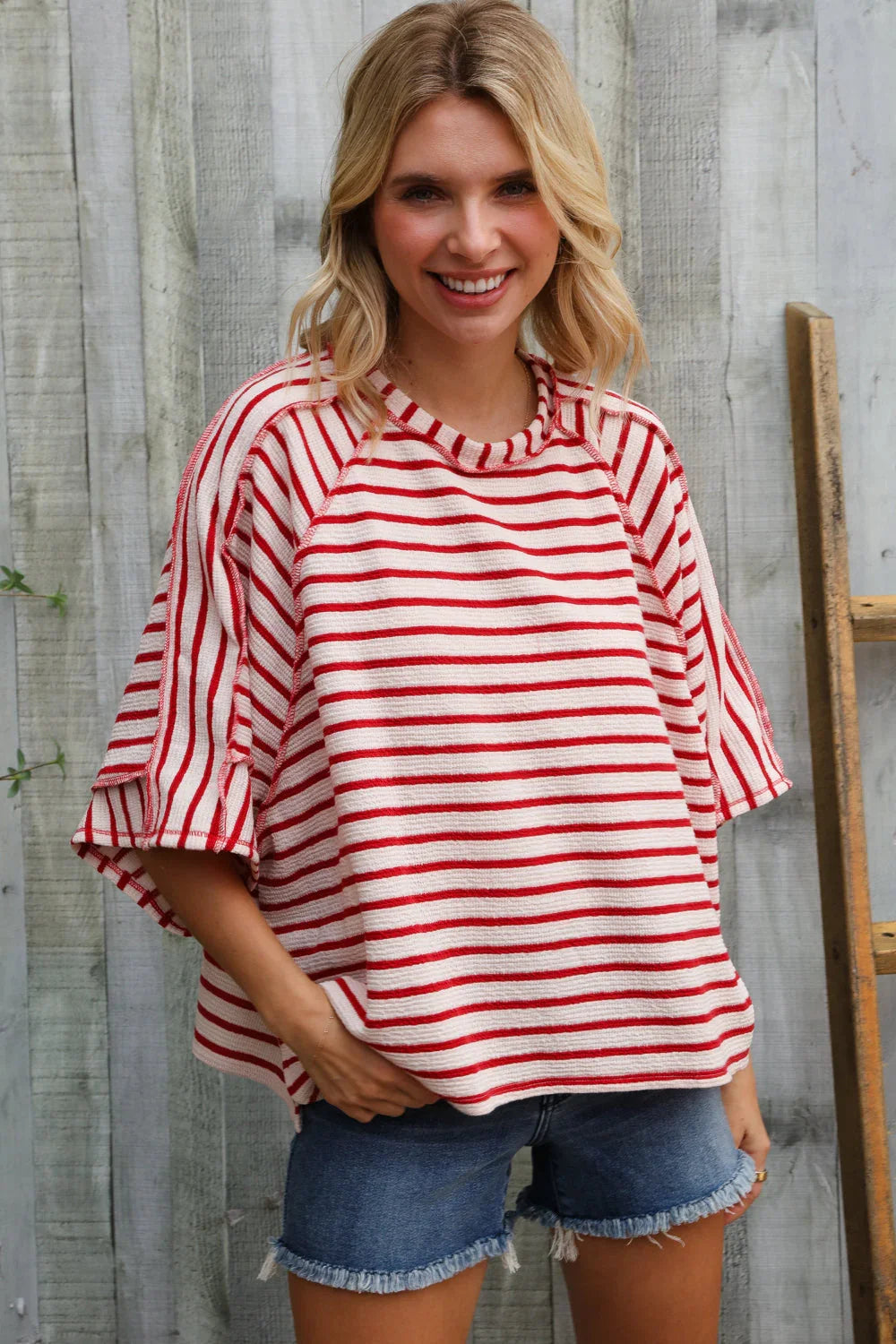 Casual Chic Cotton Red & Cream Stripe Raglan 3/4 Sleeve Pullover | Daverri Fashions
