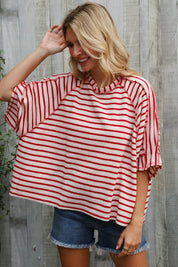 Casual Chic Cotton Red & Cream Stripe Raglan 3/4 Sleeve Pullover | Daverri Fashions