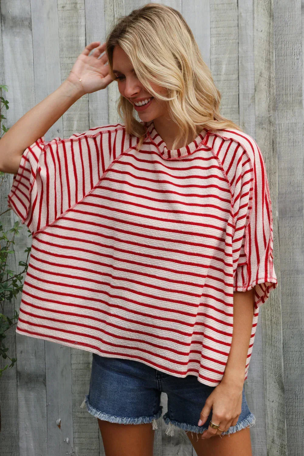 Casual Chic Cotton Red & Cream Stripe Raglan 3/4 Sleeve Pullover - DAVERRI FASHIONS
