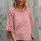 Casual Chic Cotton Red & Cream Stripe Raglan 3/4 Sleeve Pullover - DAVERRI FASHIONS