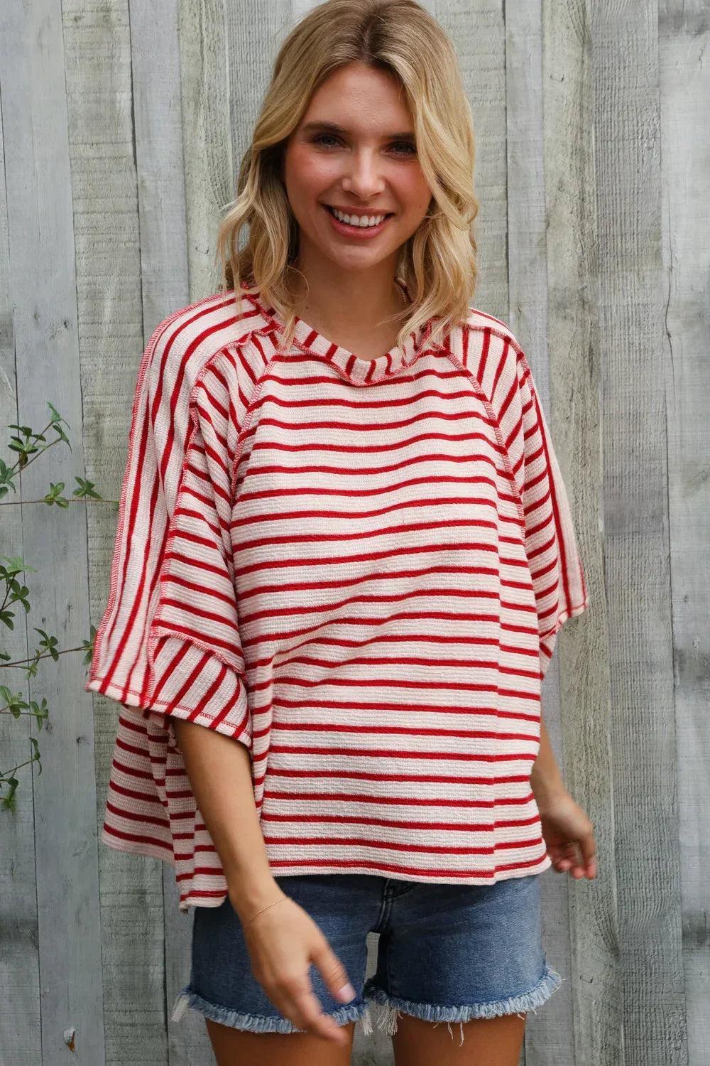 Casual Chic Cotton Red & Cream Stripe Raglan 3/4 Sleeve Pullover - DAVERRI FASHIONS