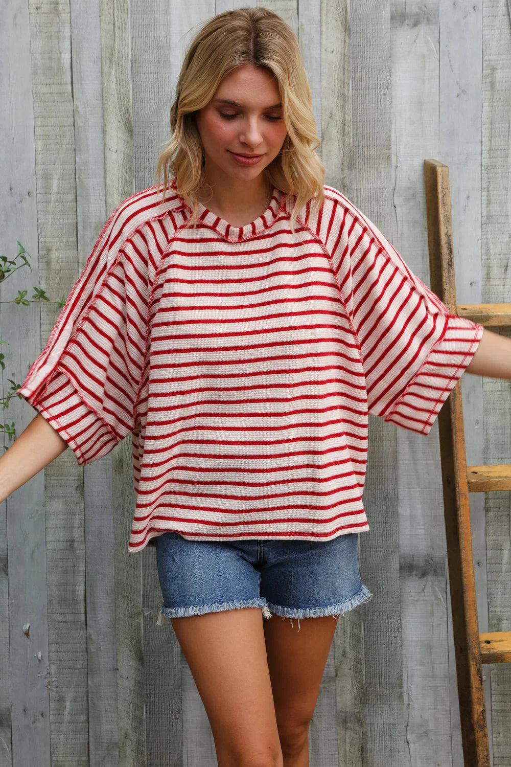Casual Chic Cotton Red & Cream Stripe Raglan 3/4 Sleeve Pullover | Daverri Fashions