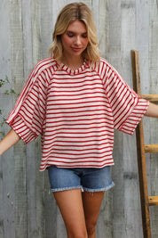 Casual Chic Cotton Red & Cream Stripe Raglan 3/4 Sleeve Pullover | Daverri Fashions
