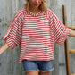 Casual Chic Cotton Red & Cream Stripe Raglan 3/4 Sleeve Pullover - DAVERRI FASHIONS
