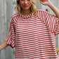 Casual Chic Cotton Red & Cream Stripe Raglan 3/4 Sleeve Pullover - DAVERRI FASHIONS