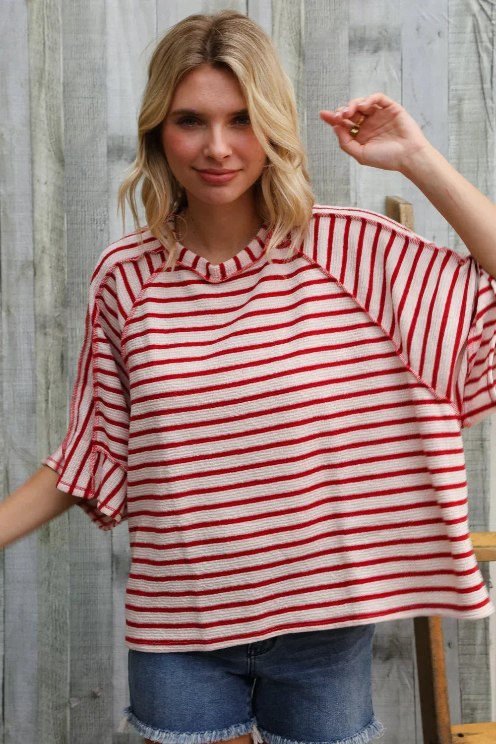 Casual Chic Cotton Red & Cream Stripe Raglan 3/4 Sleeve Pullover - DAVERRI FASHIONS