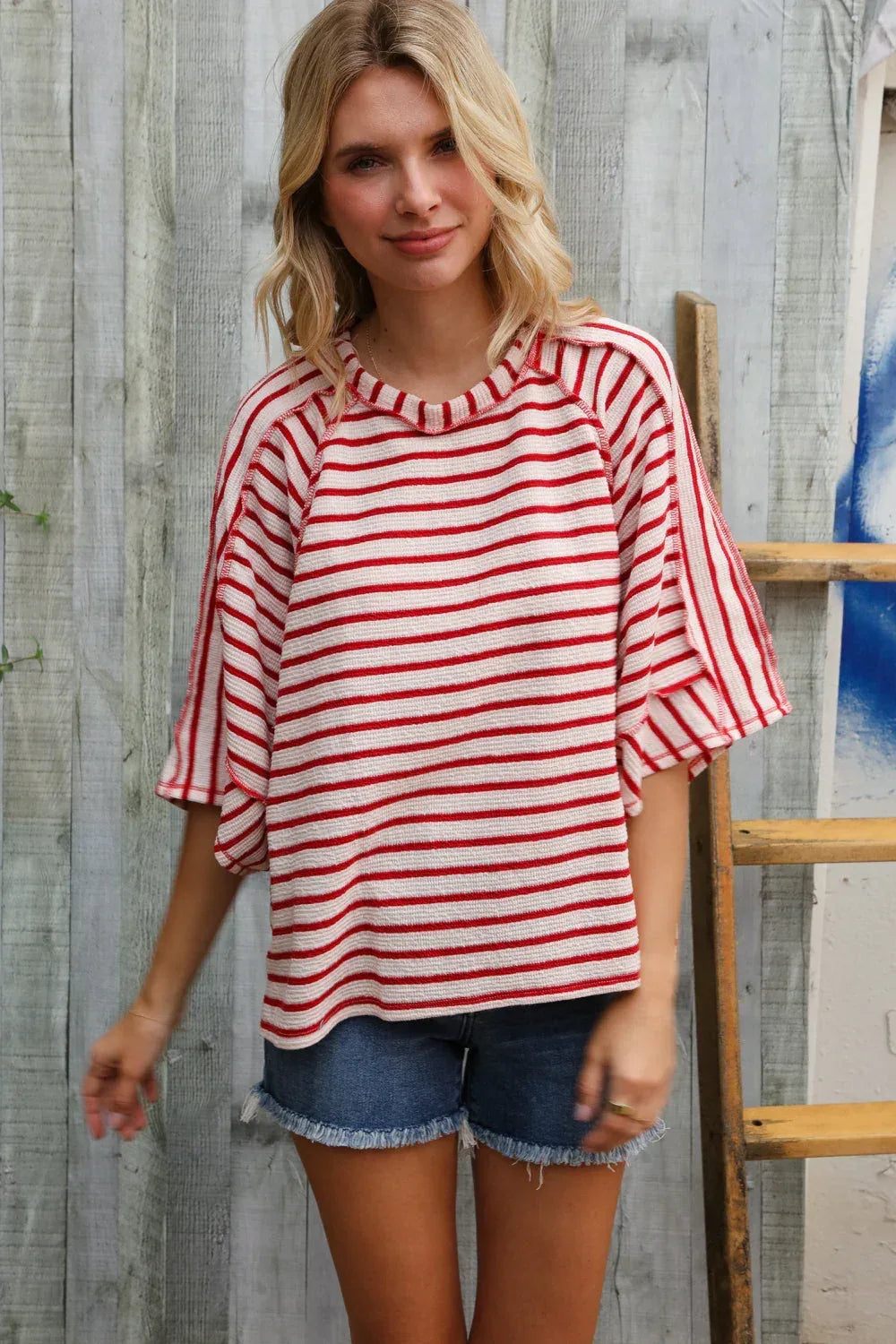 Casual Chic Cotton Red & Cream Stripe Raglan 3/4 Sleeve Pullover - DAVERRI FASHIONS